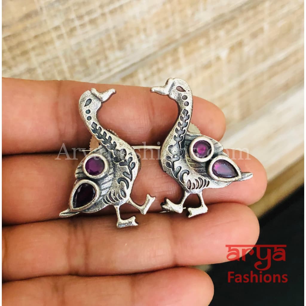 Silver Oxidized Bird Stud Earrings