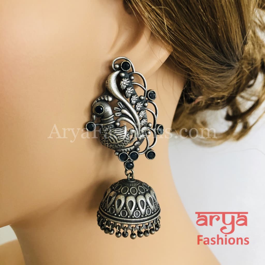 Silver Oxidized Designer Jhumka Earrings