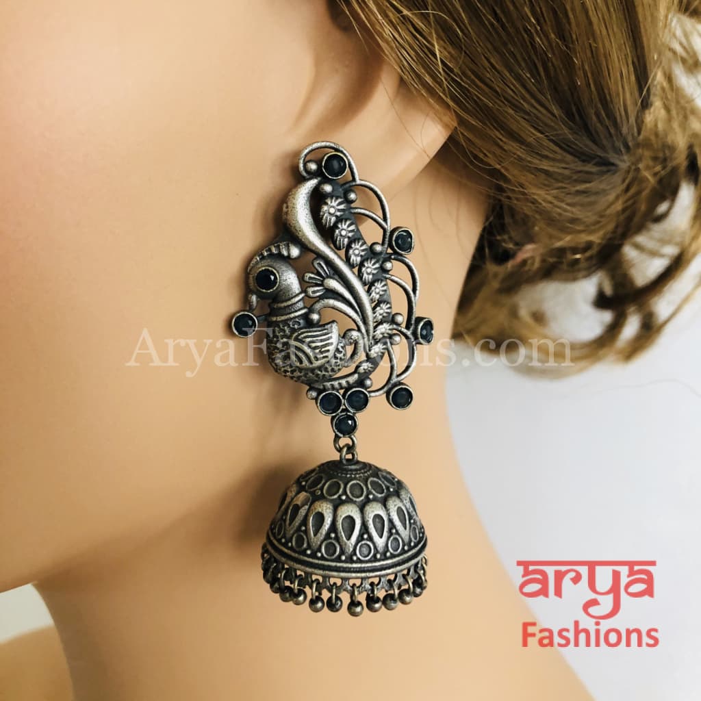 Silver Oxidized Designer Jhumka Earrings
