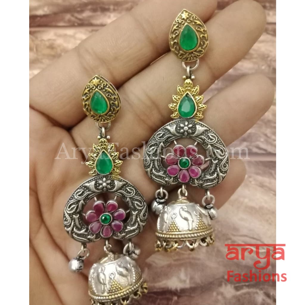 Silver Oxidized Dual Tone Jhumka Earrings