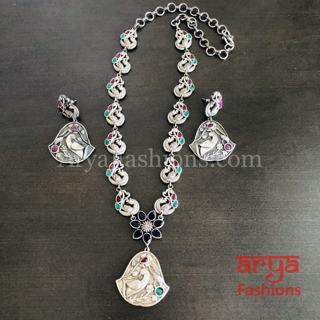 Silver Oxidized Dual Tone Necklace with Multicolor Stones