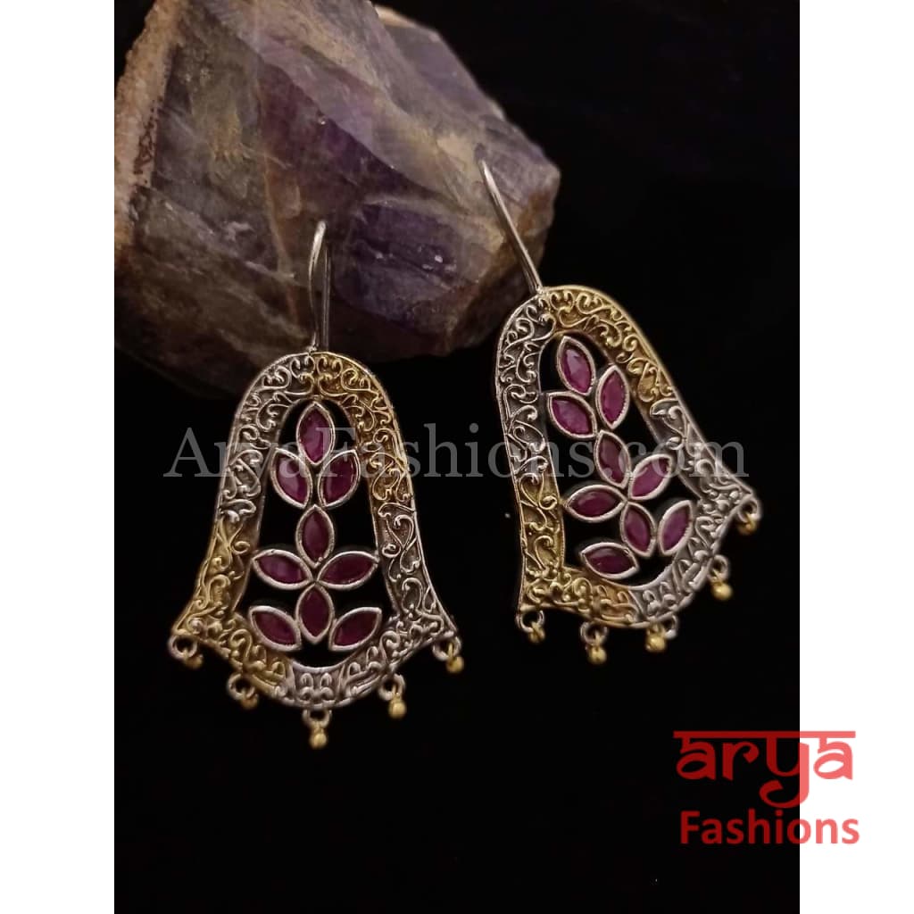 Silver Oxidized Dual Tone Tribal Hoop Earrings