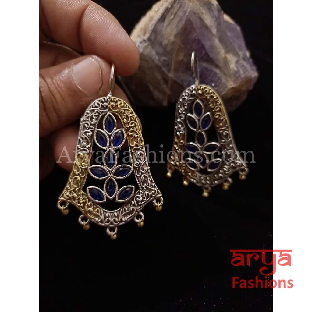 Silver Oxidized Dual Tone Tribal Hoop Earrings