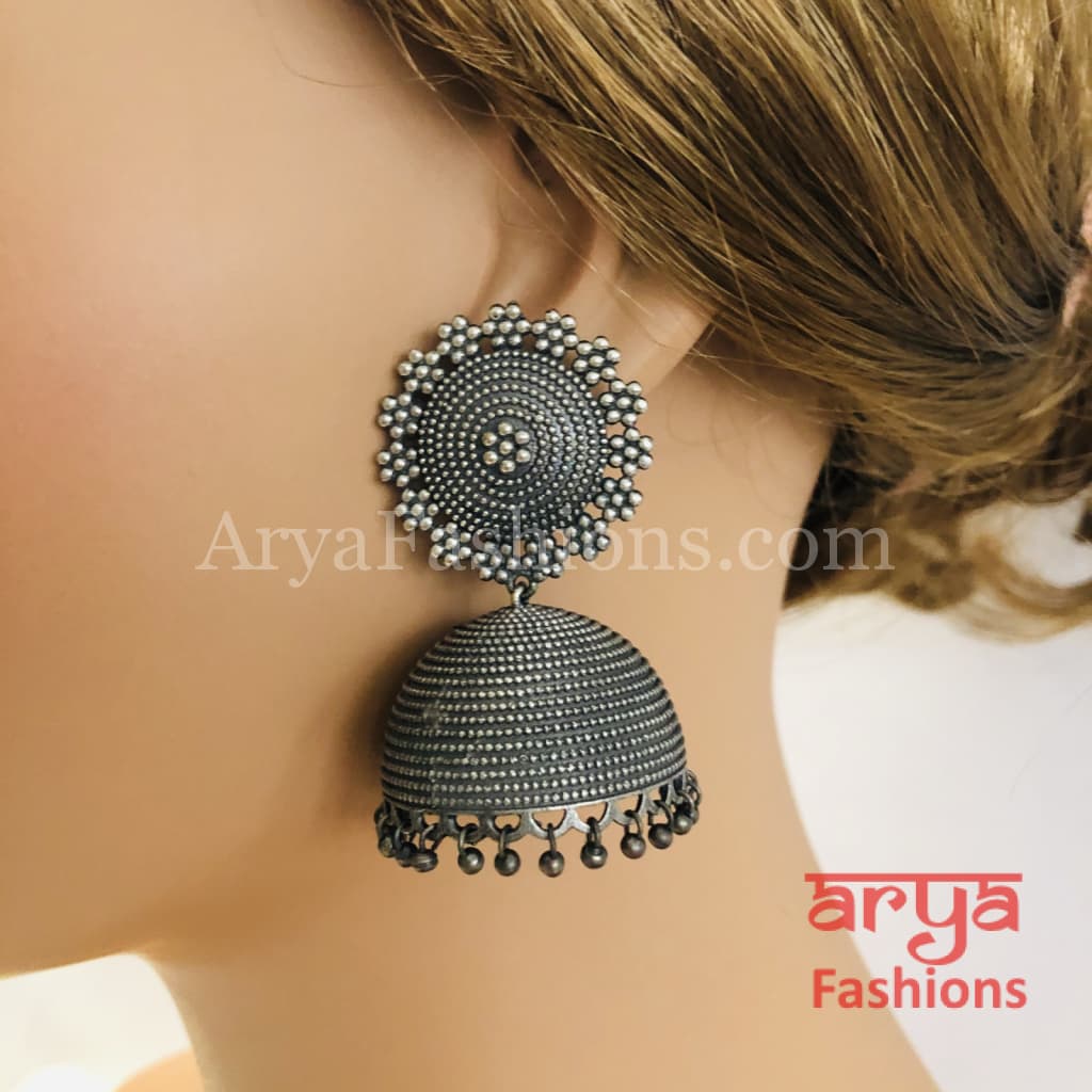 Silver Oxidized Jhumka Earrings Indian Trendy