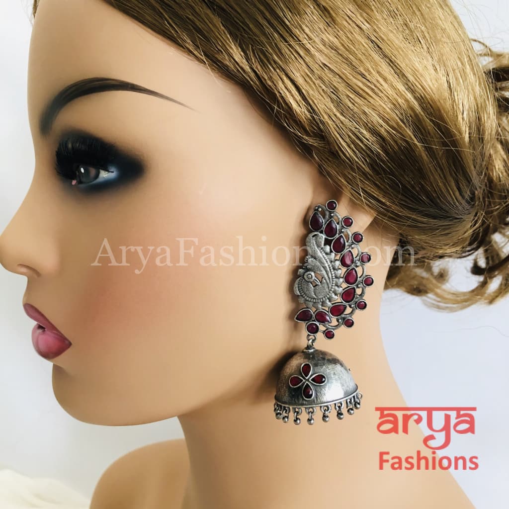 Silver Oxidized Jhumka Earrings with Multi-color stones
