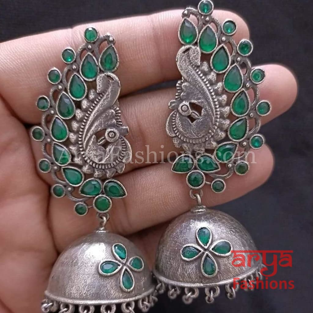 Silver Oxidized Jhumka Earrings with Multi-color stones