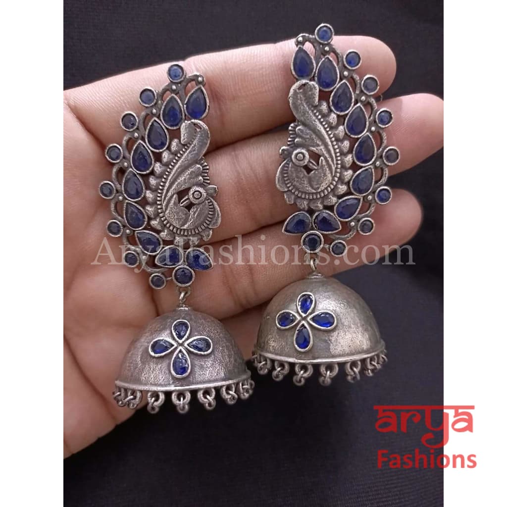 Silver Oxidized Jhumka Earrings with Multi-color stones
