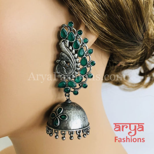 Silver Oxidized Jhumka Earrings with Multi-color stones