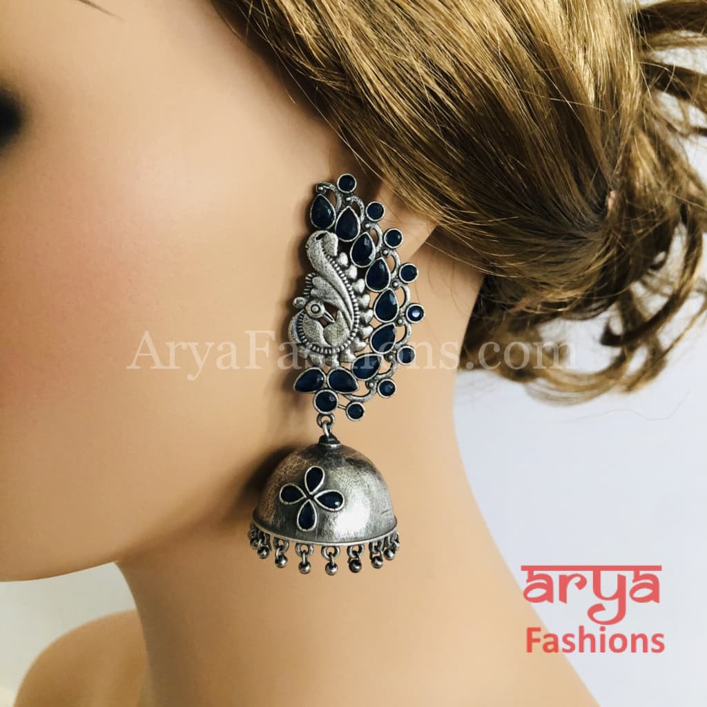 Silver Oxidized Jhumka Earrings with Multi-color stones