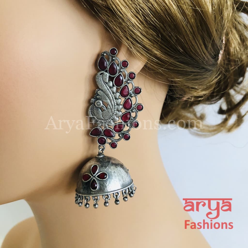 Silver Oxidized Jhumka Earrings with Multi-color stones