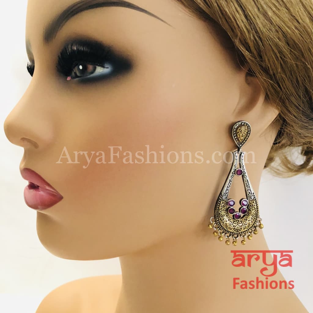 Silver Oxidized Jhumka Ethnic Earrings with colorful stones