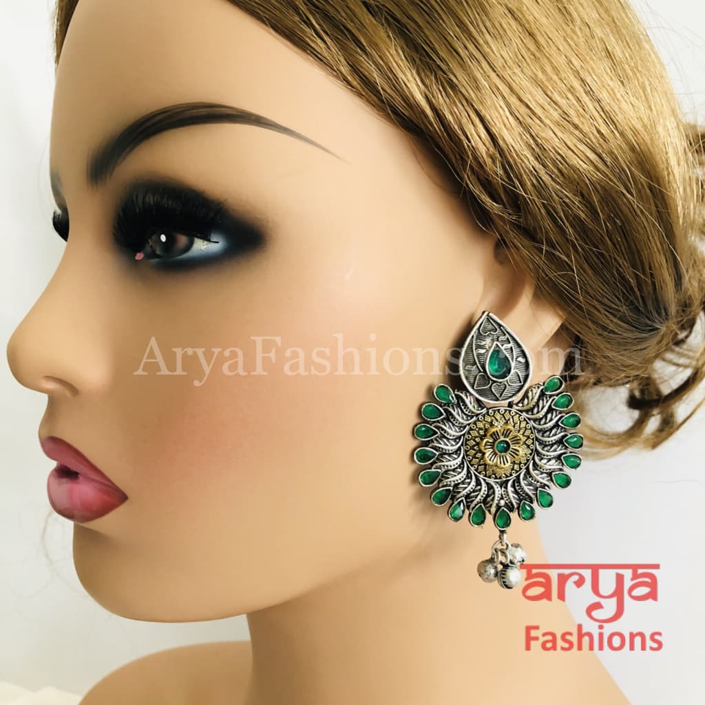 Silver Oxidized Jhumka Tribal Earrings in Dual Tone