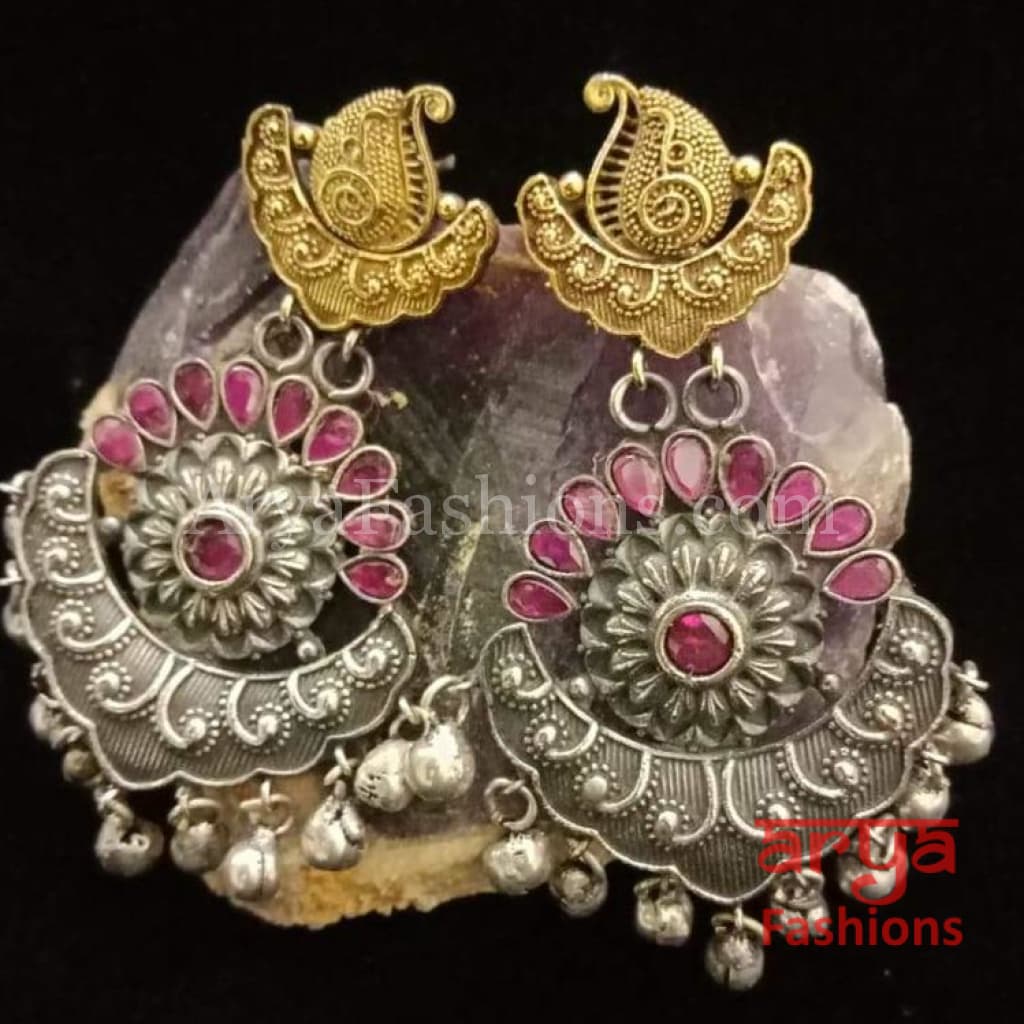 Silver Oxidized Long Tribal Ethnic Earrings with colored stones