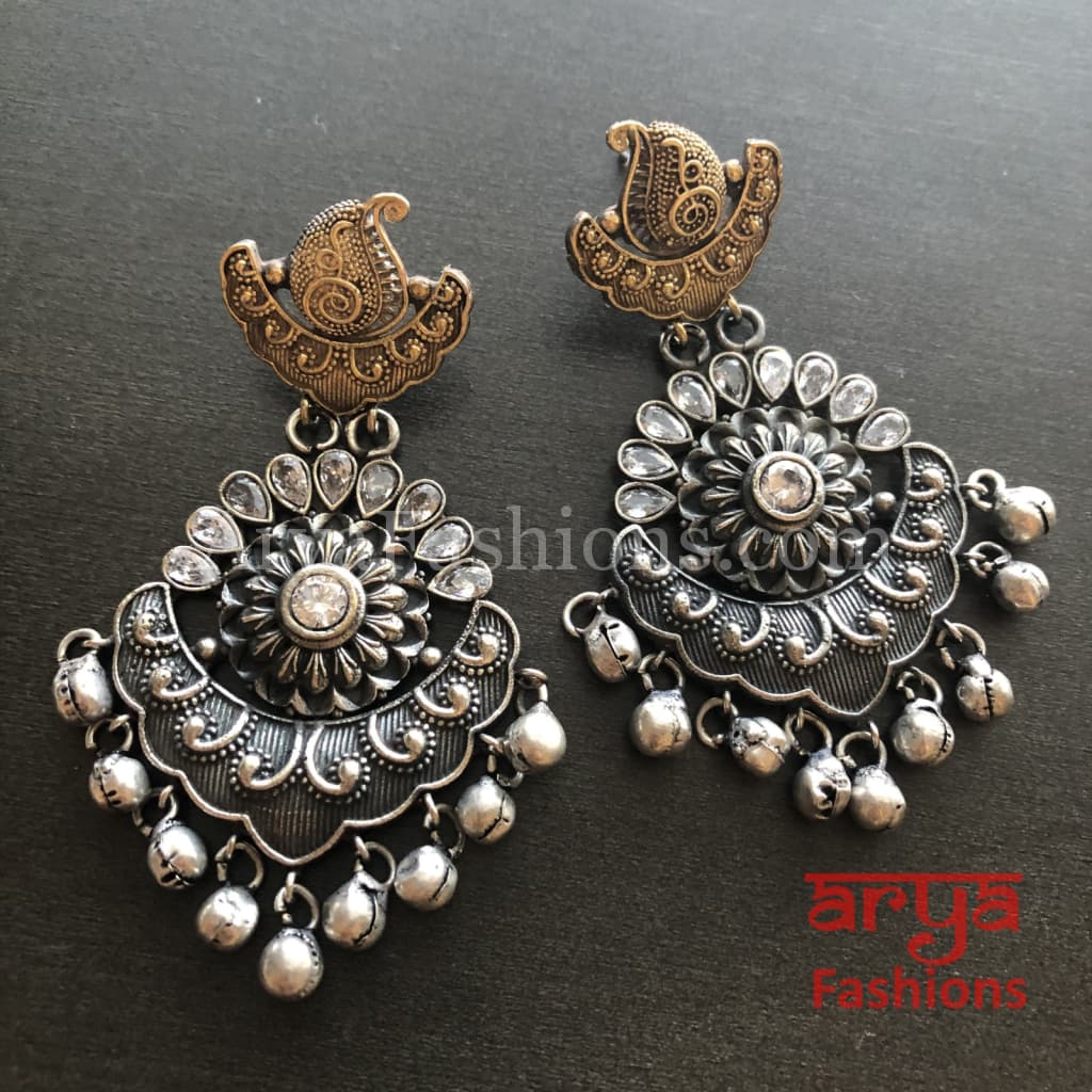Silver Oxidized Long Tribal Ethnic Earrings with colored stones