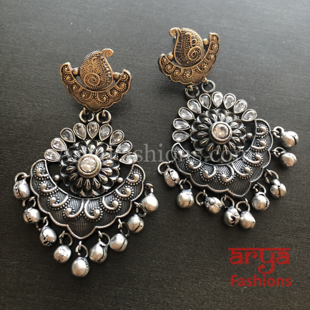 Silver Oxidized Long Tribal Ethnic Earrings with colored stones