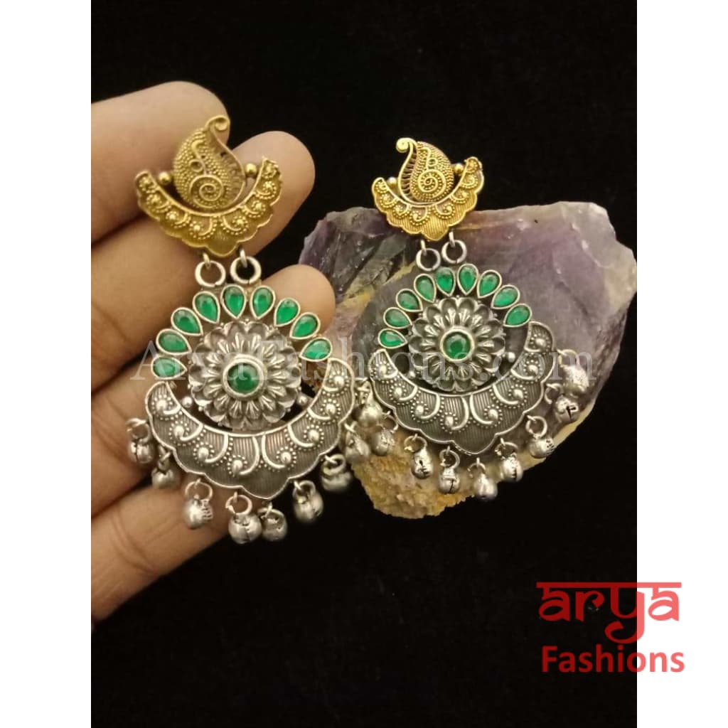 Silver Oxidized Long Tribal Ethnic Earrings with colored stones