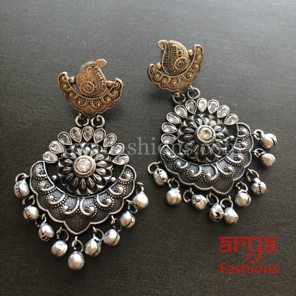 Silver Oxidized Long Tribal Ethnic Earrings with colored stones
