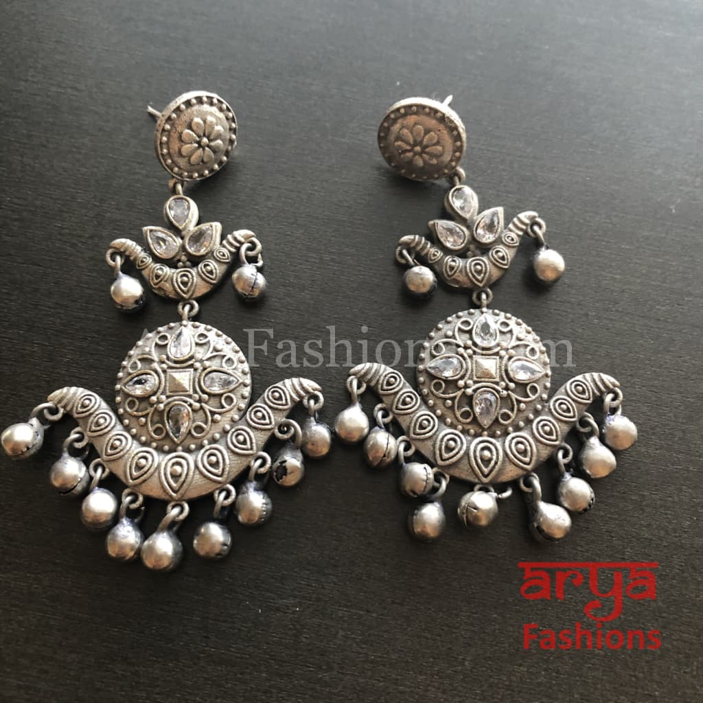 Silver Oxidized Long Tribal Ethnic Earrings with colored stones