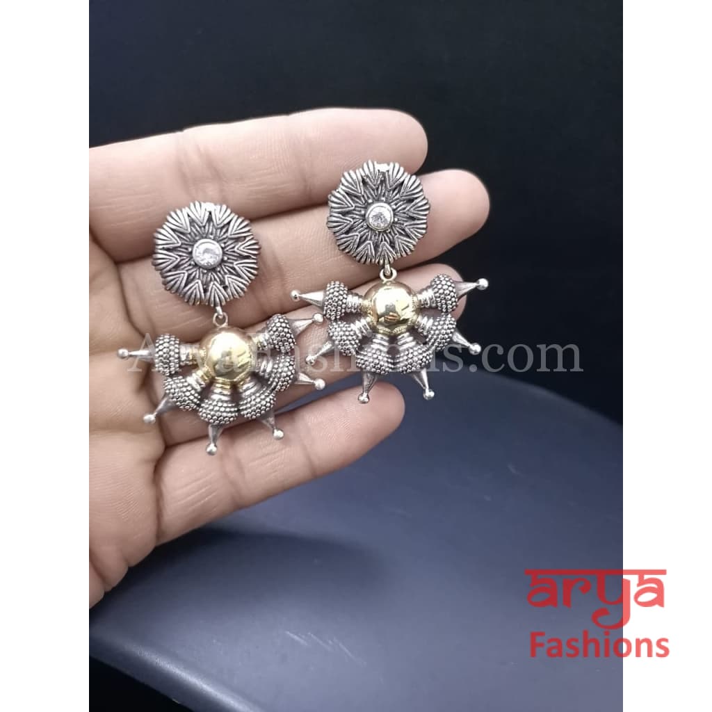 Silver Oxidized Meenakari Jhumka Earrings