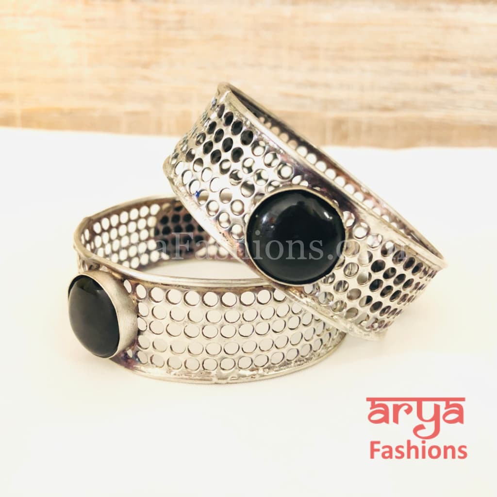 Silver Oxidized Net Bangles with colored Stones