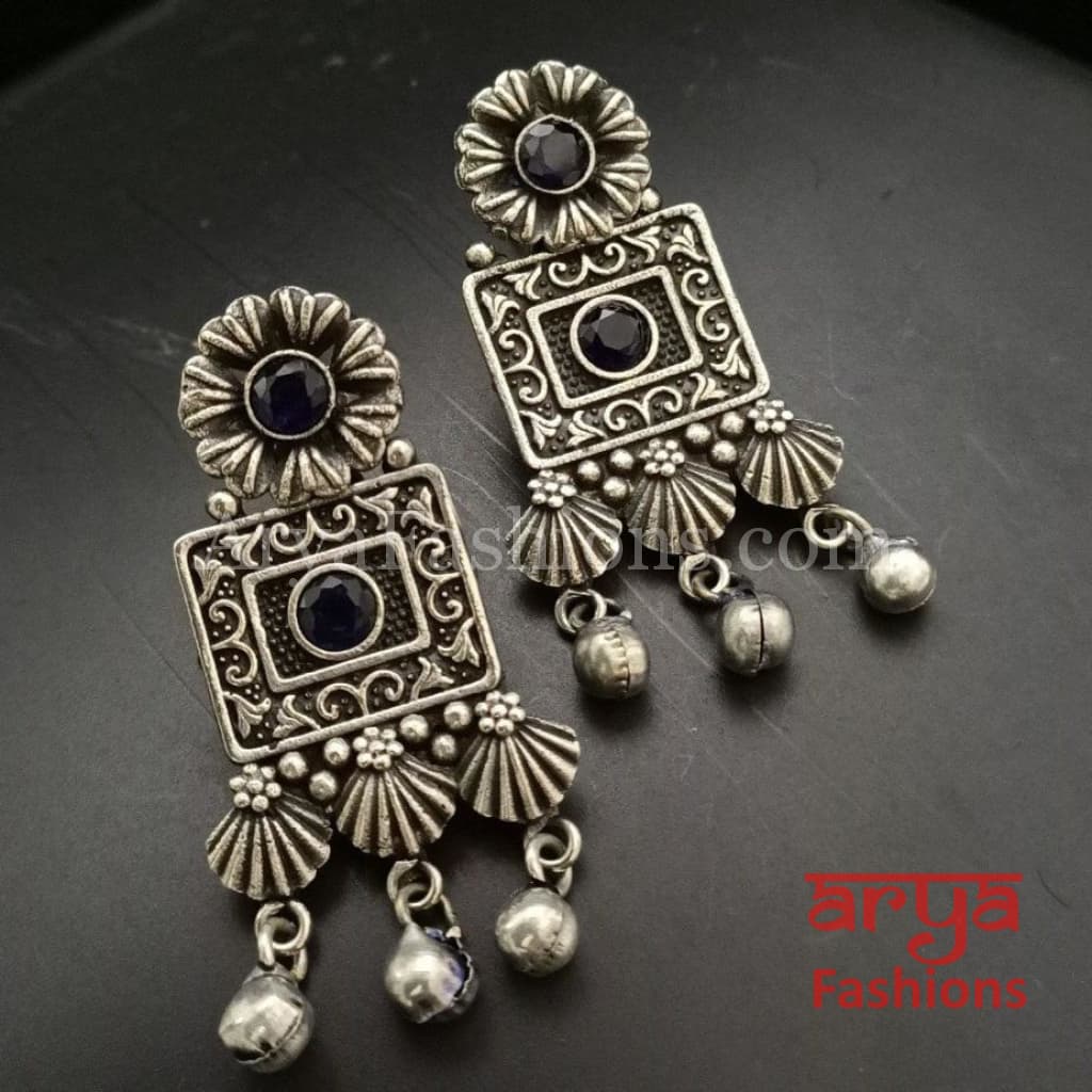 Silver Oxidized Party Earrings with Multi-color stones