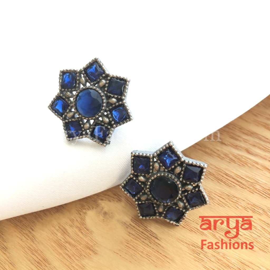Silver Oxidized Star Earrings with colored stones