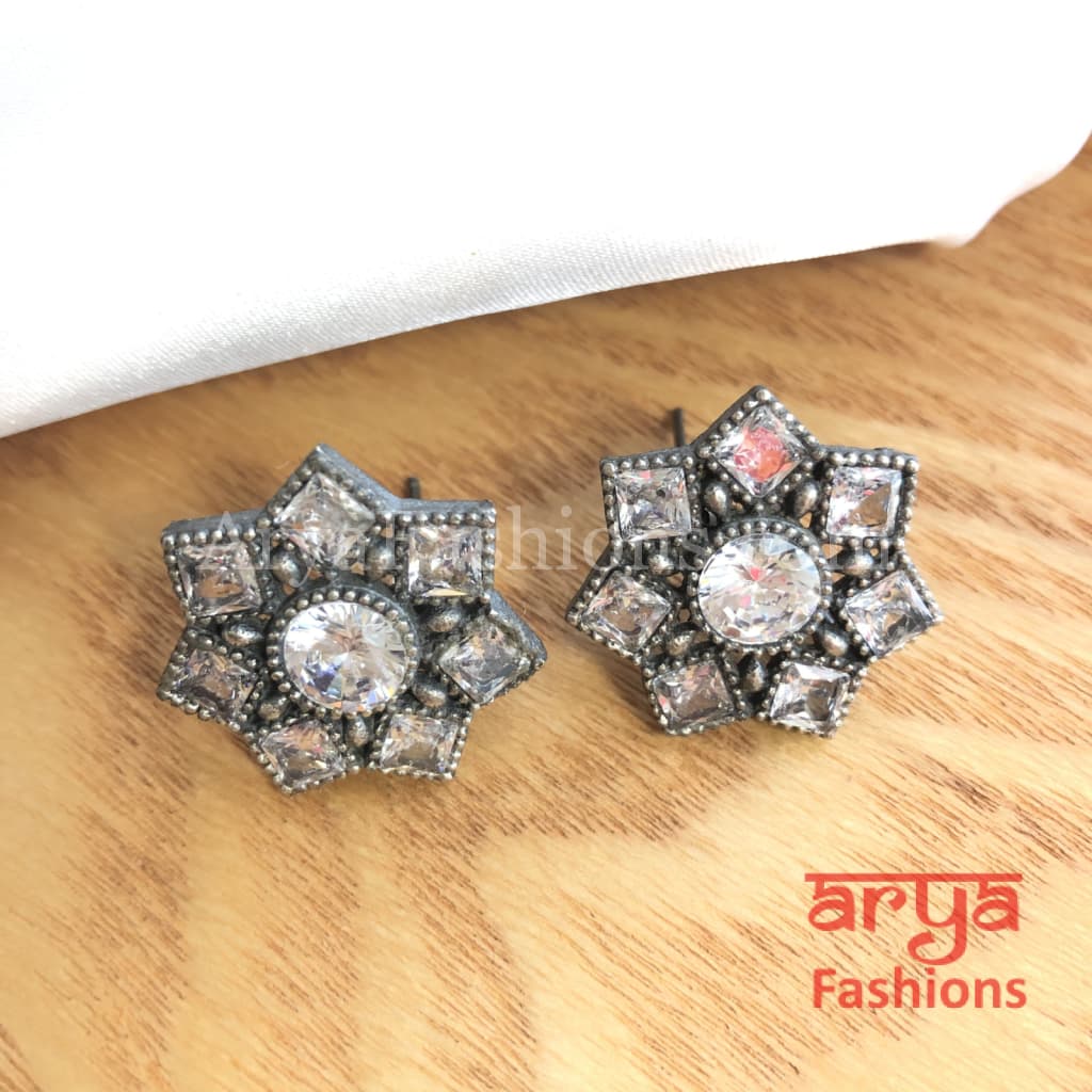 Silver Oxidized Star Earrings with colored stones