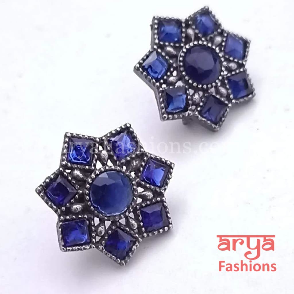 Silver Oxidized Star Earrings with colored stones