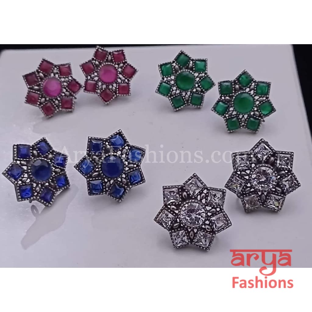 Silver Oxidized Star Earrings with colored stones