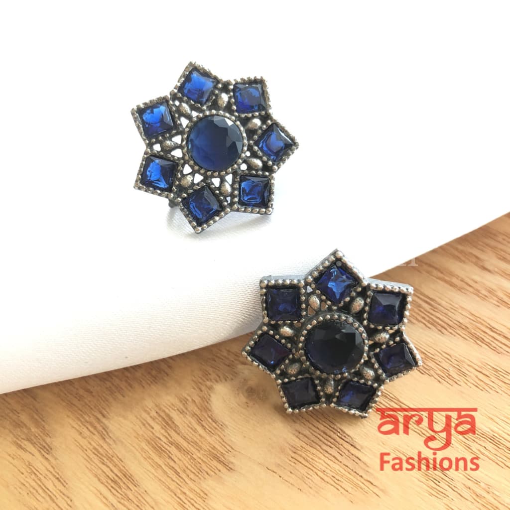 Silver Oxidized Star Earrings with colored stones