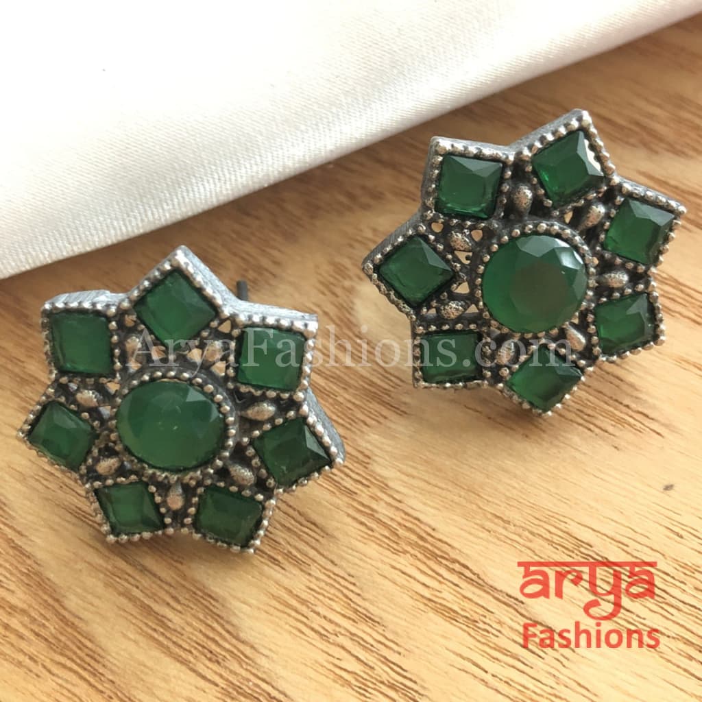 Silver Oxidized Star Earrings with colored stones