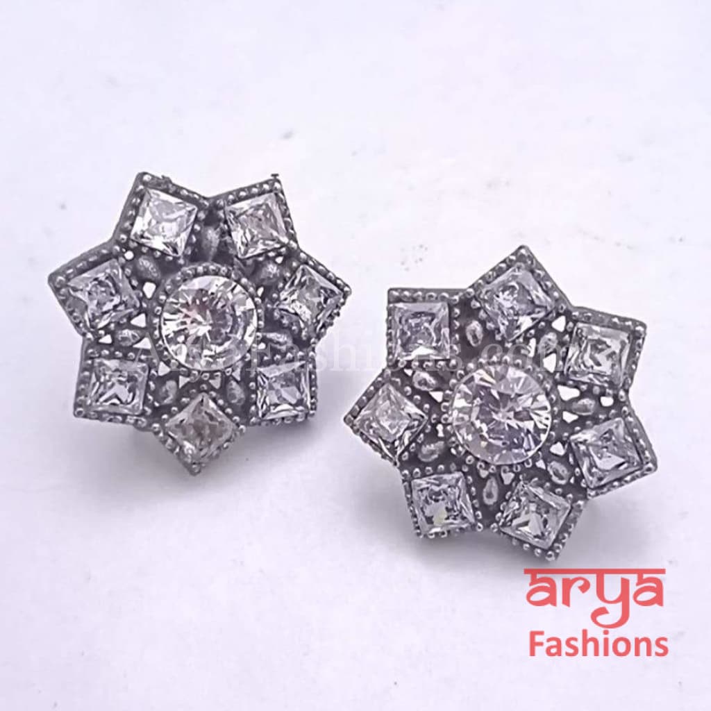Silver Oxidized Star Earrings with colored stones