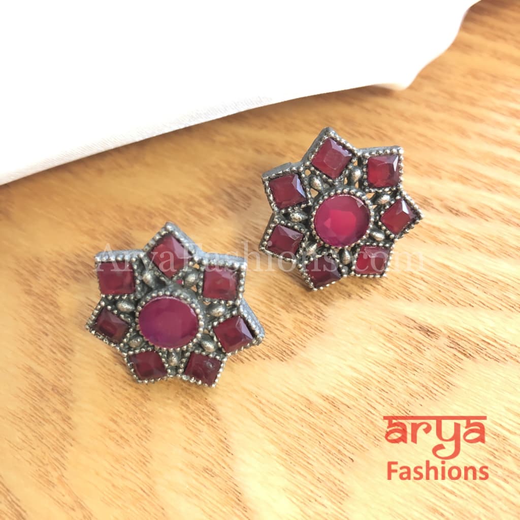 Silver Oxidized Star Earrings with colored stones