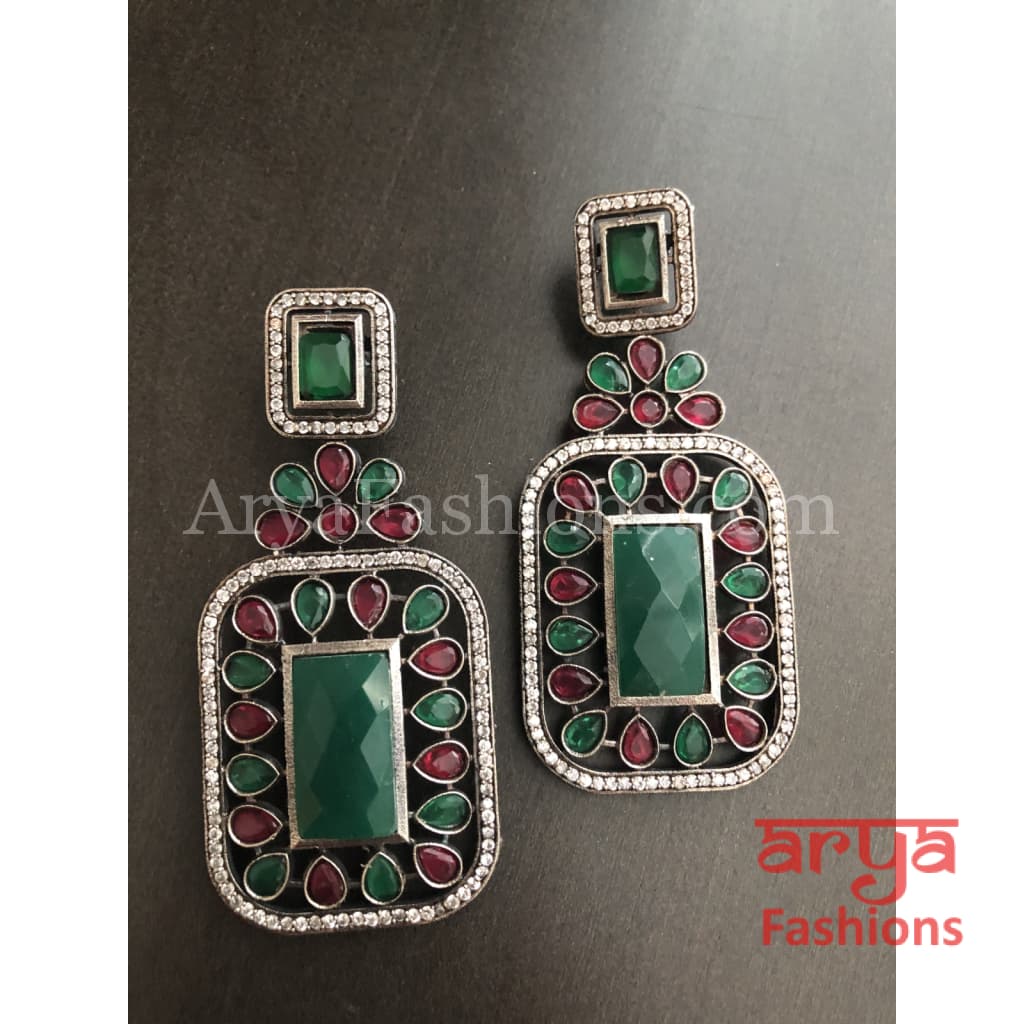 Silver Oxidized Statement Earrings with CZ Stones