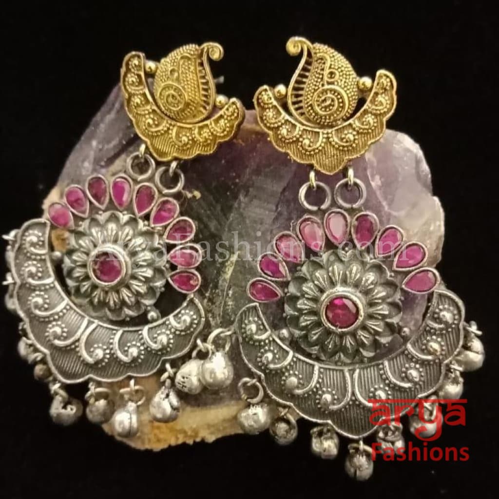 Silver Oxidized Tribal Chandbali Earrings