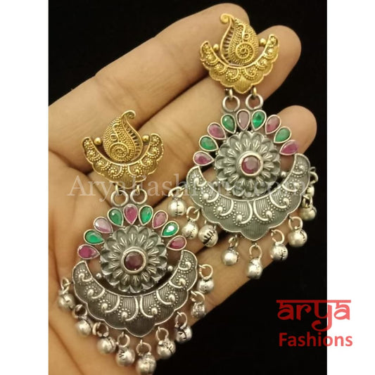 Silver Oxidized Tribal Chandbali Earrings