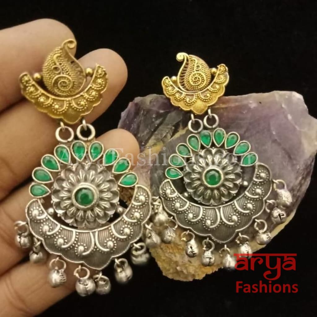 Silver Oxidized Tribal Chandbali Earrings