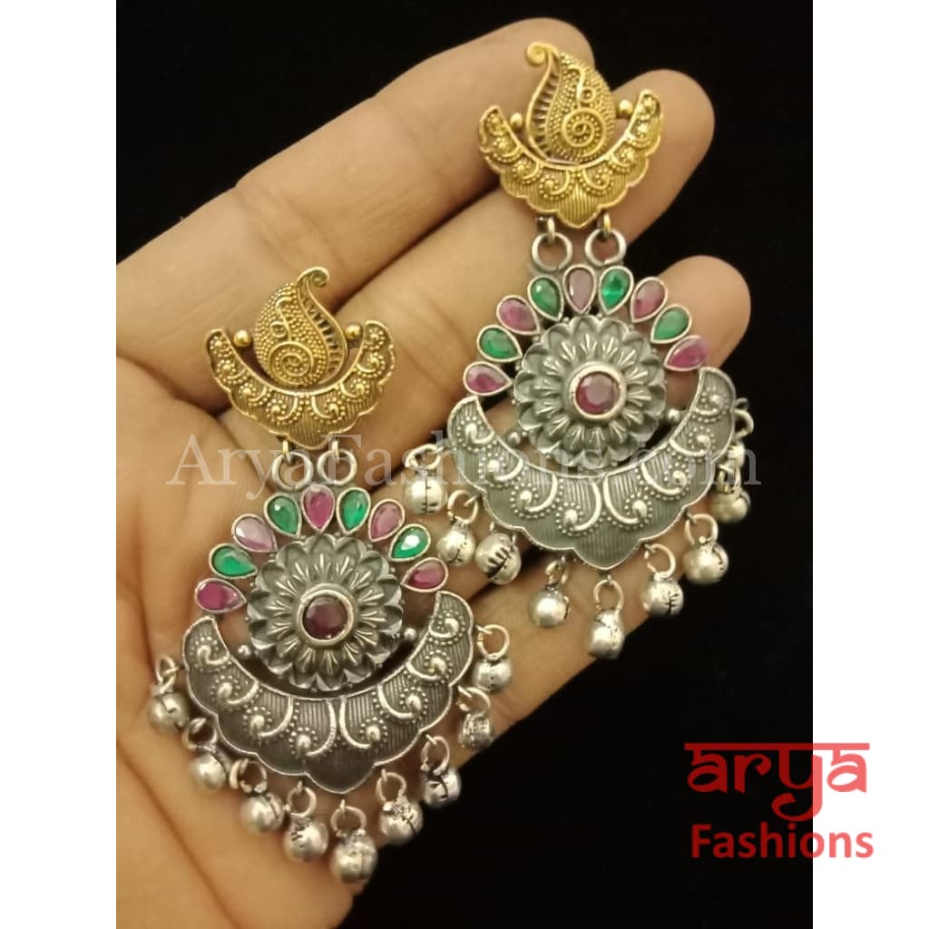 Silver Oxidized Tribal Chandbali Earrings