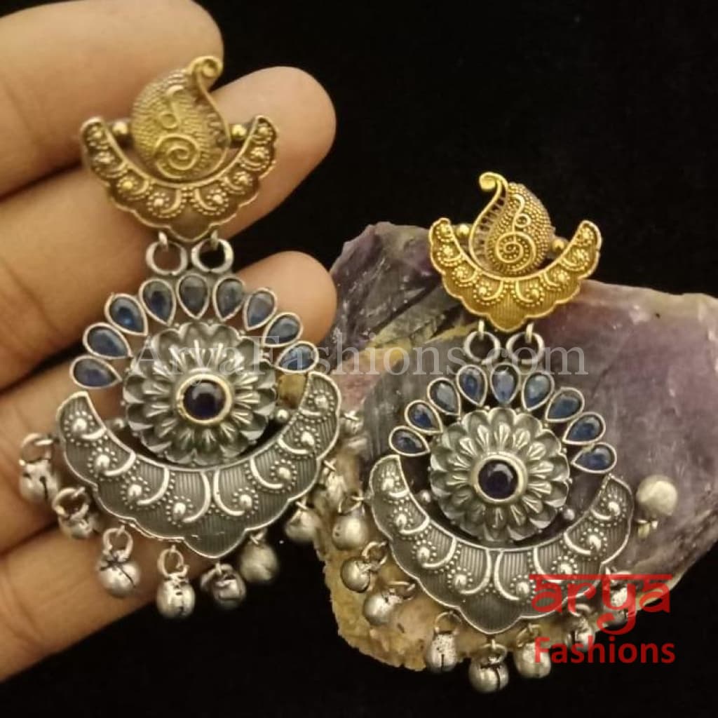 Silver Oxidized Tribal Chandbali Earrings