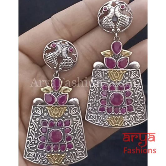 Silver Oxidized Tribal Chandbali Earrings with Pink stones