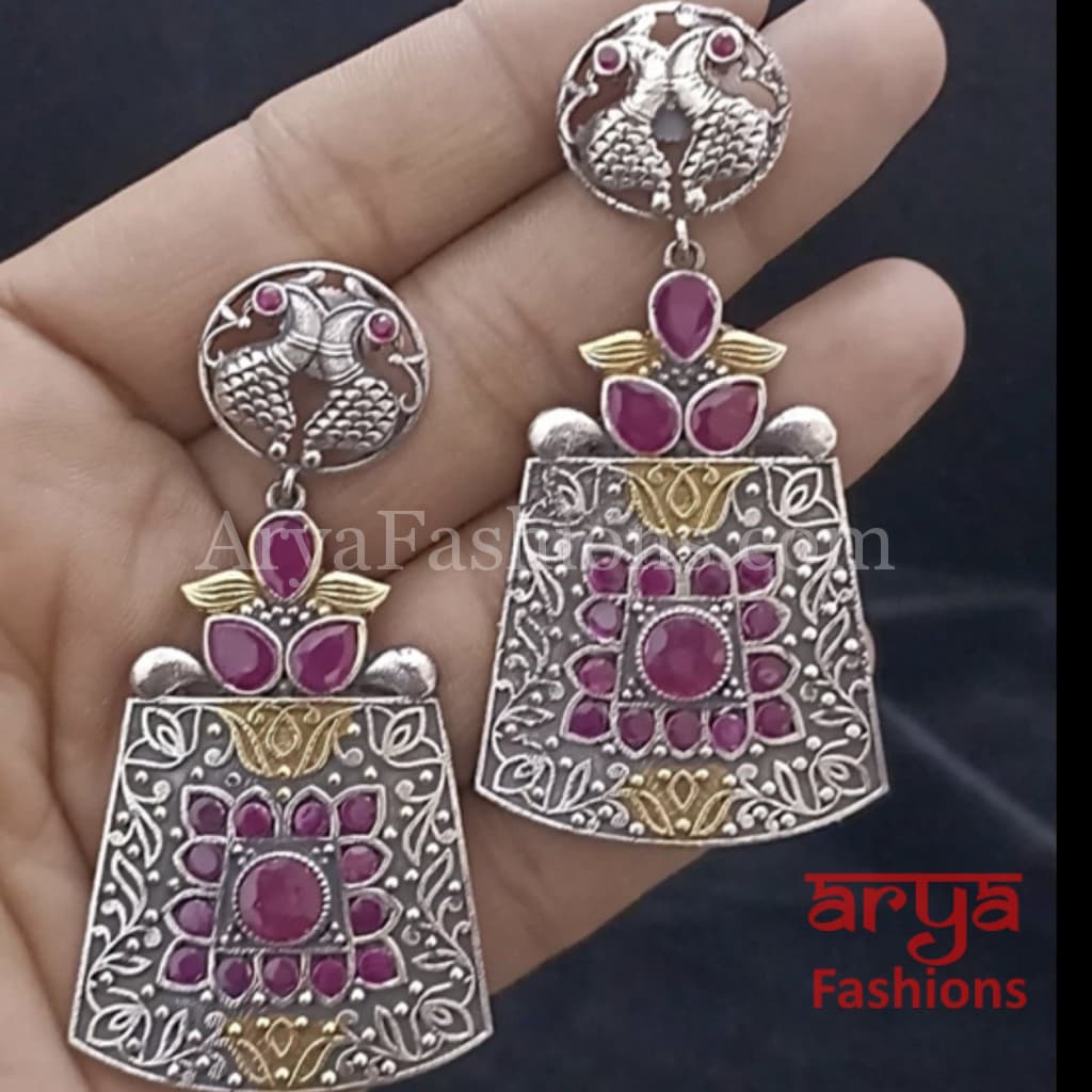 Silver Oxidized Tribal Chandbali Earrings with Pink stones