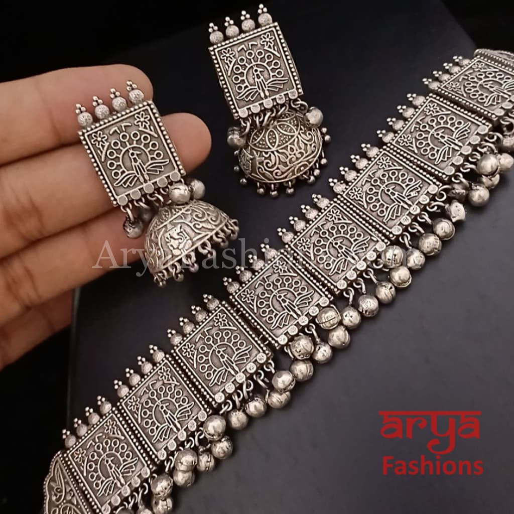 Silver Oxidized Tribal Choker Necklace with Jhumka earrings