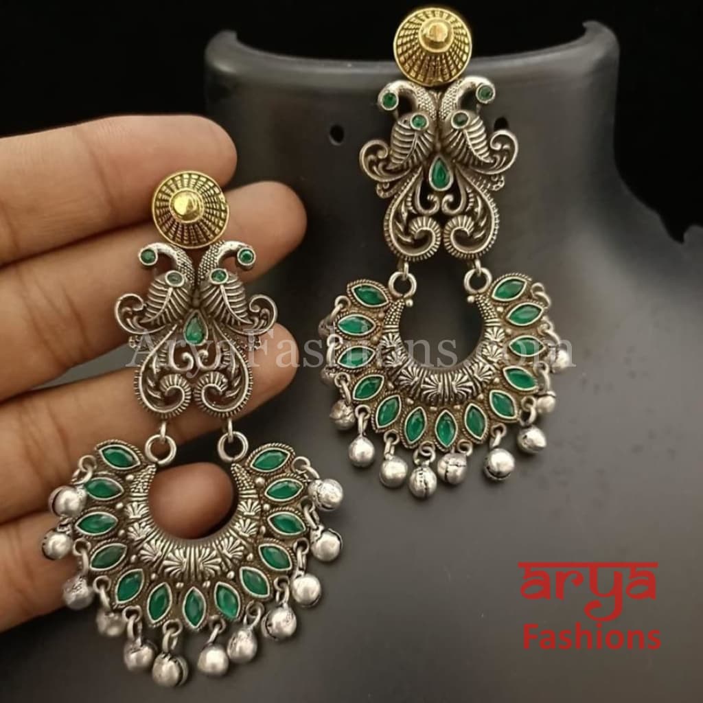 Silver Oxidized Tribal Earrings with Colorful Cultured Stones