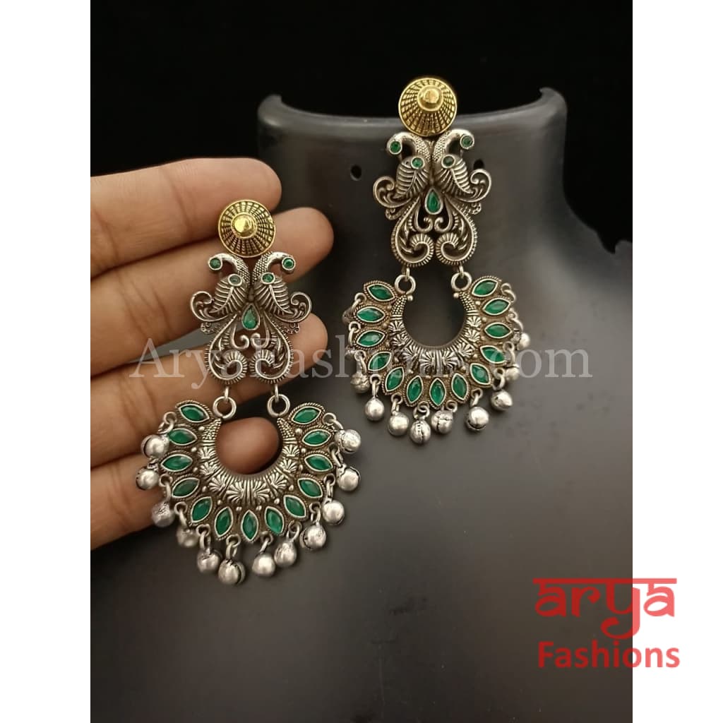 Silver Oxidized Tribal Earrings with Colorful Cultured Stones