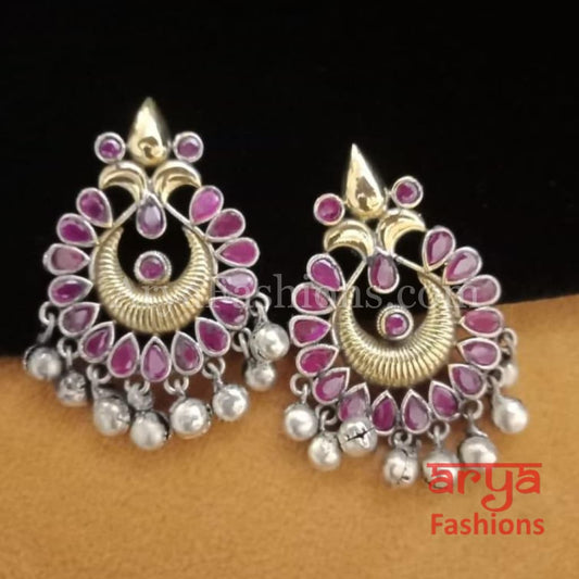 Silver Oxidized Tribal Earrings with Colorful Cultured Stones Dual Tone