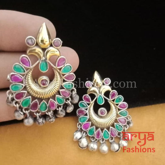 Silver Oxidized Tribal Earrings with Colorful Cultured Stones Dual Tone