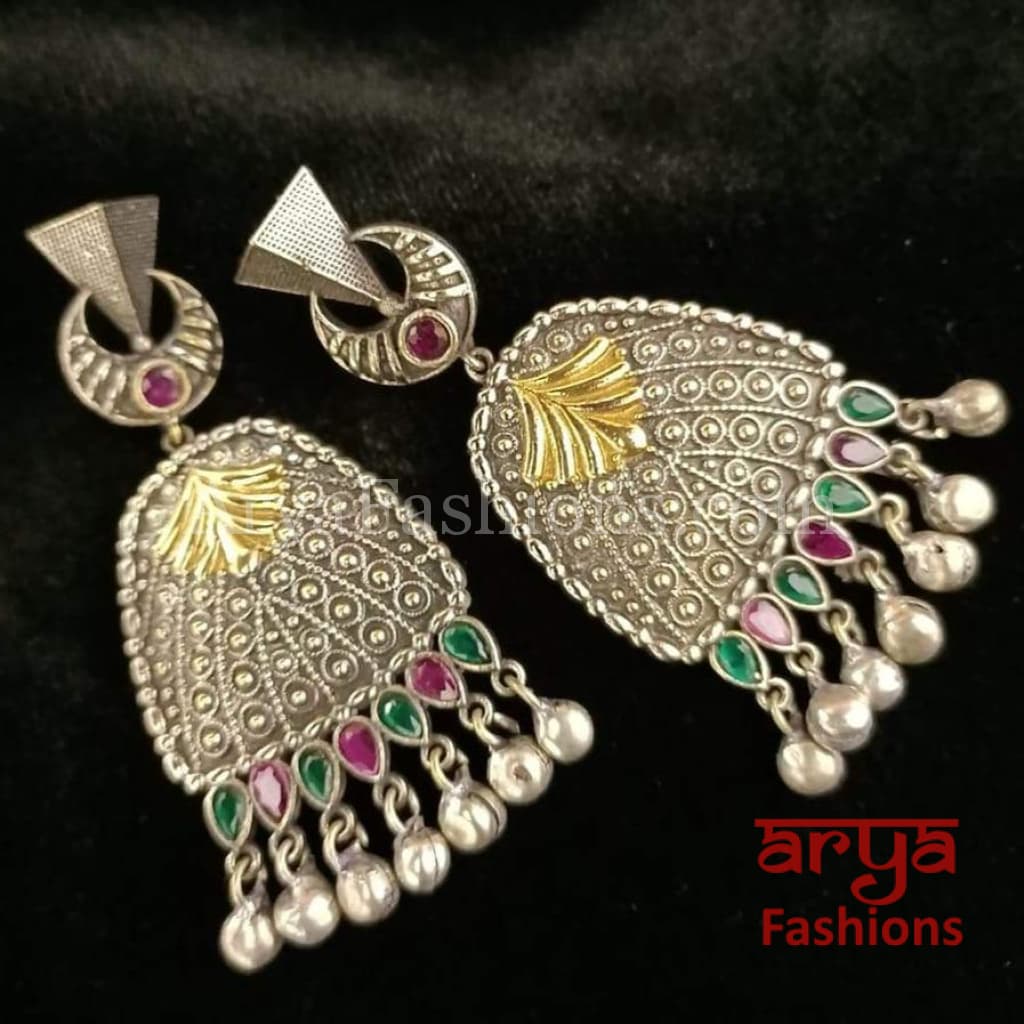 Silver Oxidized Two Tone Long Earrings Gold Chandelier