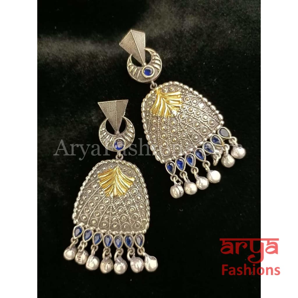 Silver Oxidized Two Tone Long Earrings Gold Chandelier