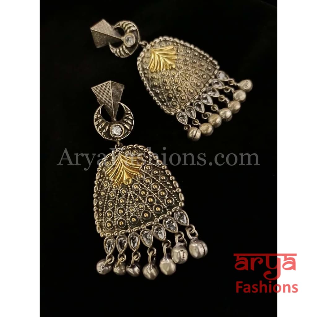 Silver Oxidized Two Tone Long Earrings Gold Chandelier