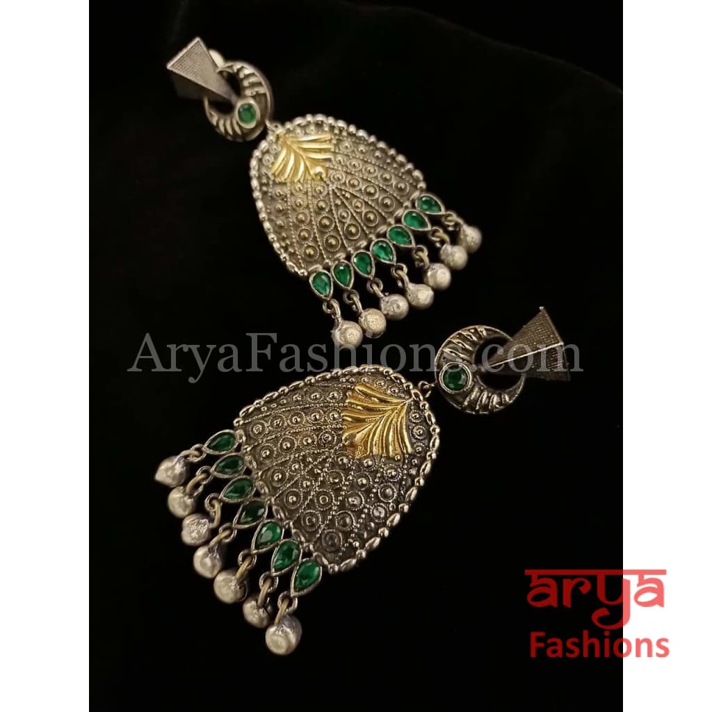 Silver Oxidized Two Tone Long Earrings Gold Chandelier